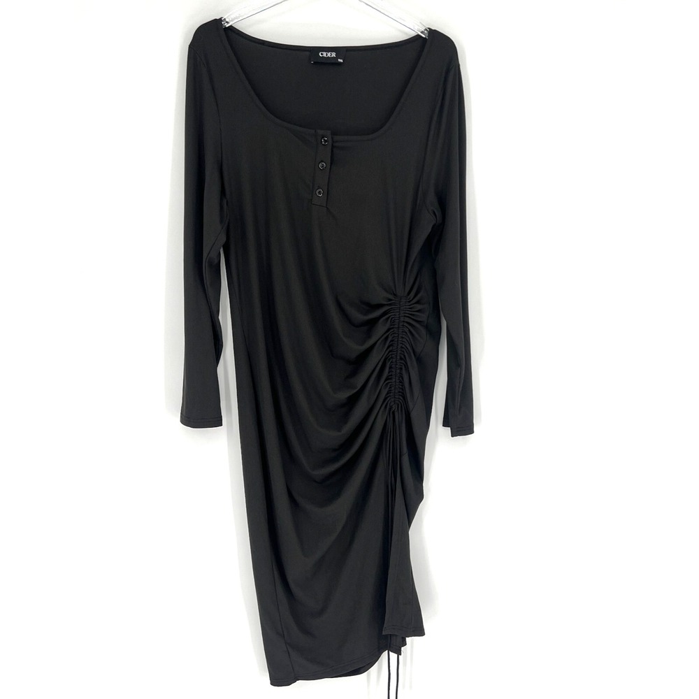 Cider Dress‎ Womens 1X Black Ribbed Classic Ruched Bodycon Sexy Slit